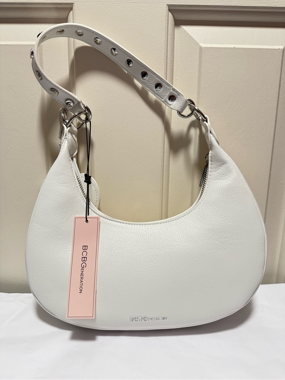 NWT BCBGeneration White Crescent Dumpling Hobo Shoulder Bag Heart Charm Studded